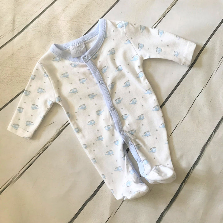 Cute Little One White with Blue Helicopter Print Sleepsuit - Chic Petit