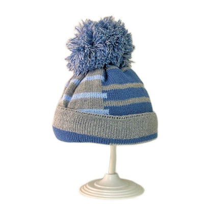 Grey and Blue Knitted Pom Pom Hat - 2-4y - Chic Petit