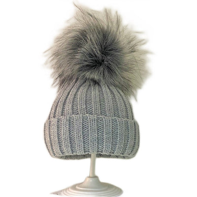 Grey Faux Fur Pom Pom Knitted Hat - 5-6y - Chic Petit
