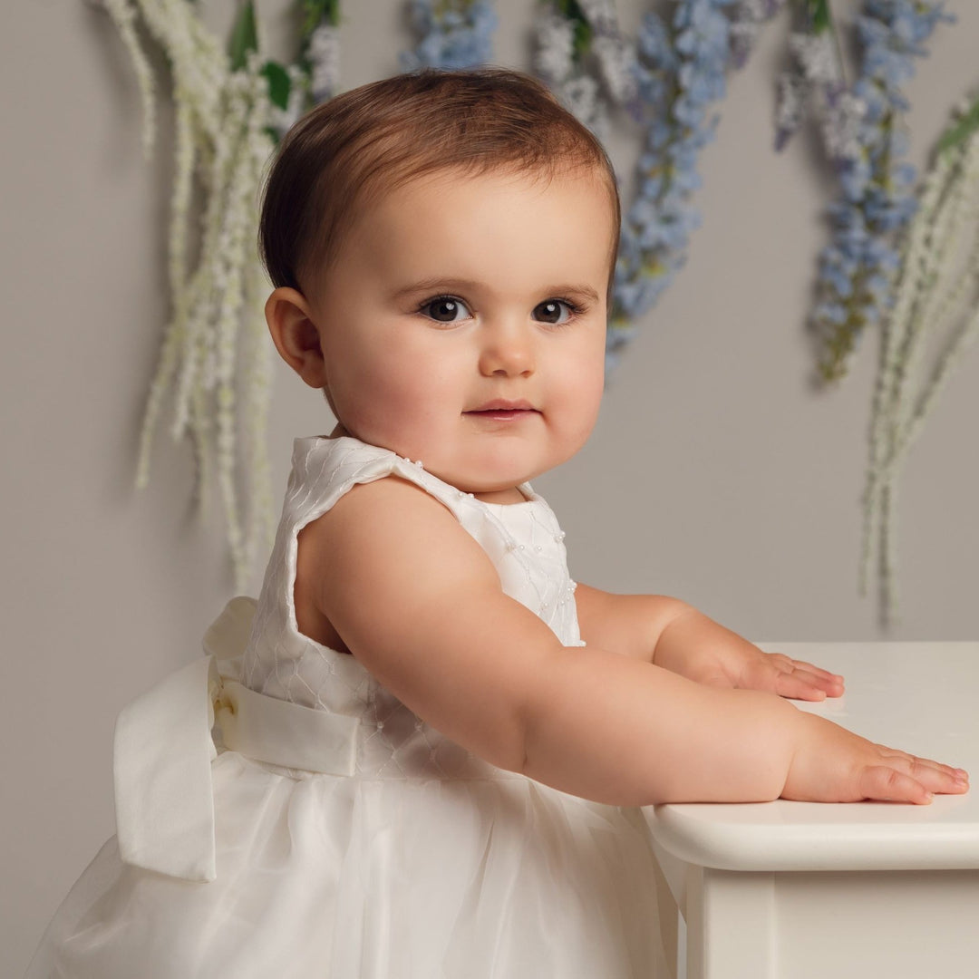 Ivory or White Christening Dress with Pearls and Headband - Chic Petit