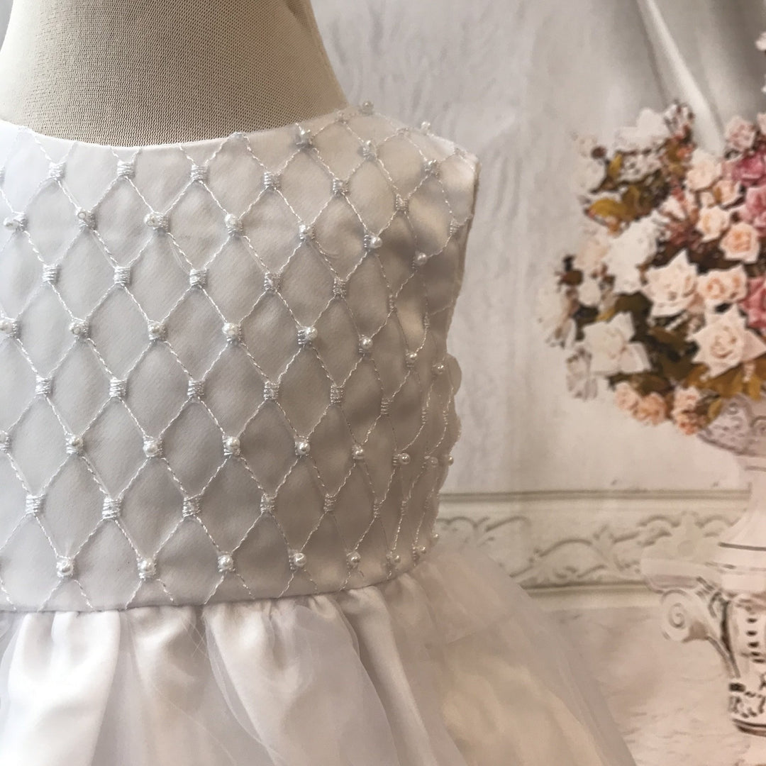 Ivory or White Christening Dress with Pearls and Headband - Chic Petit