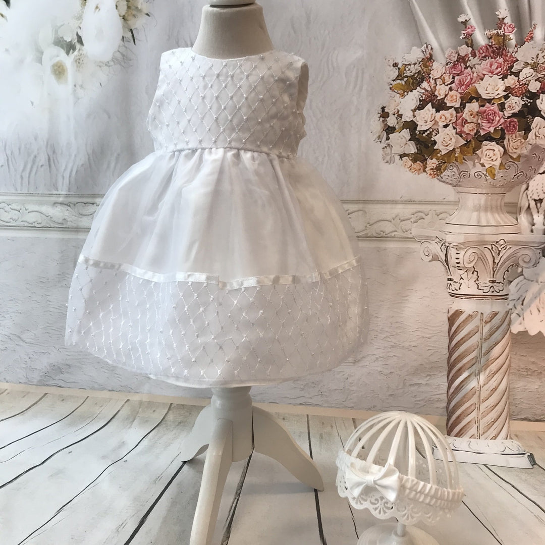 Ivory or White Christening Dress with Pearls and Headband - Chic Petit