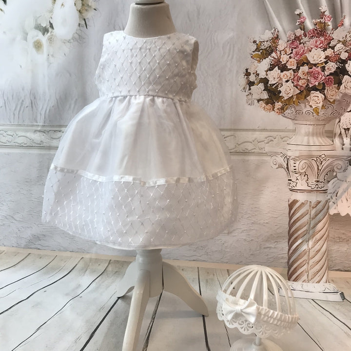Ivory or White Christening Dress with Pearls and Headband - Chic Petit