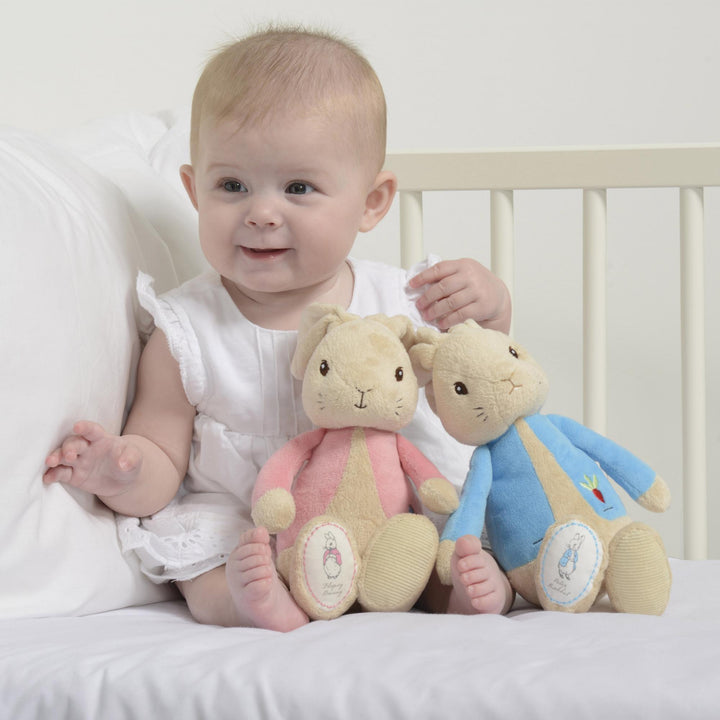 Soft newborn Peter Rabbit toy with classic illustration on foot