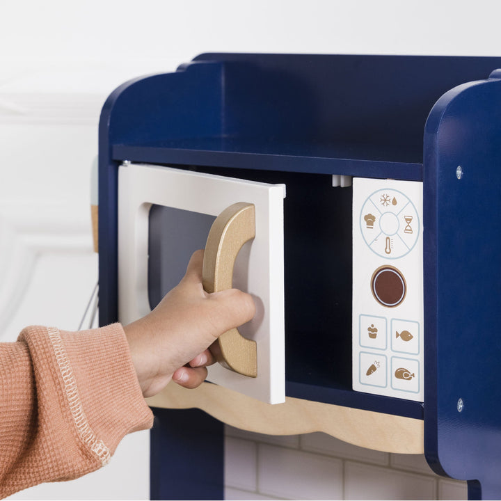 Royal blue toy kitchen with realistic knobs, clock, and window for kids
