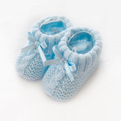 Pale Blue Knitted Booties with Satin Bow - Chic Petit