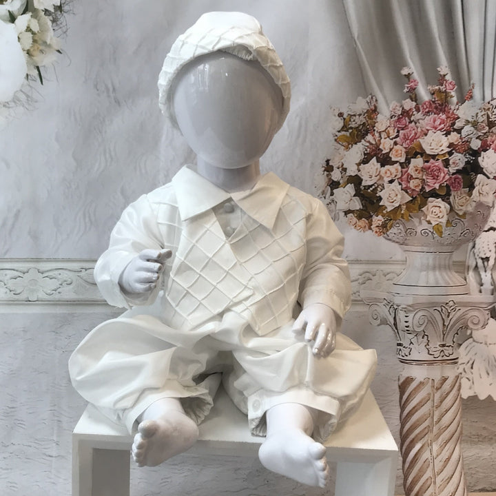 Patrick Boys Ivory or White Christening Romper and Cap - Chic Petit