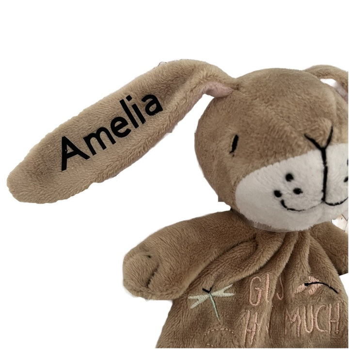 Gentle newborn comfort blanket with name on hare’s ear