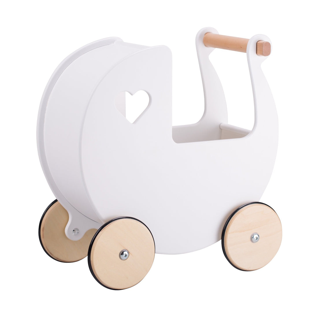 Personalised wooden dolls pram in white with child’s name on side