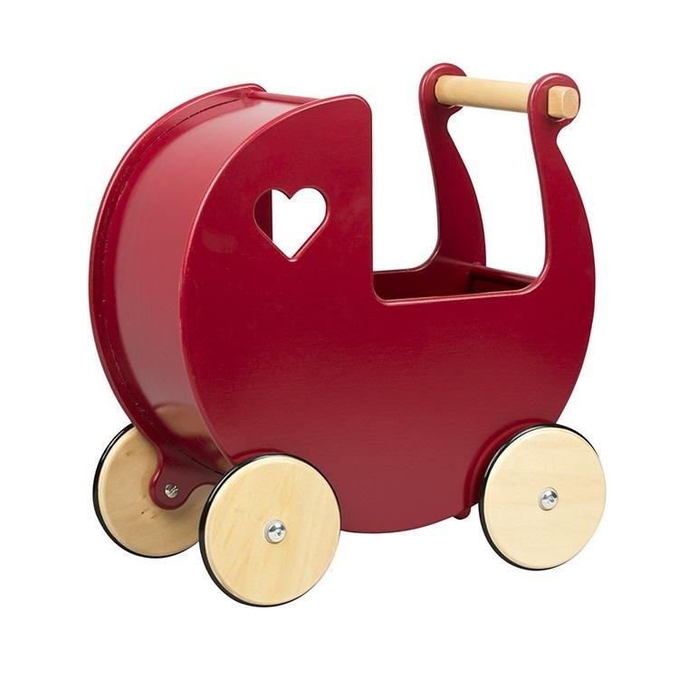 Personalised wooden dolls pram in red with child’s name on side
