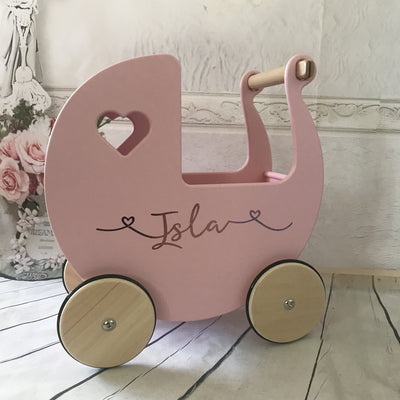 Personalised Wooden Dolls Pram - Pink, White, Blue, Red or Natural - Chic Petit
