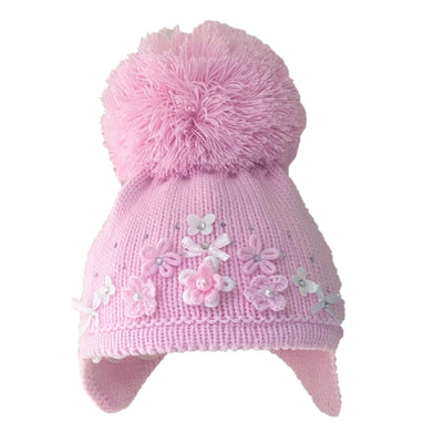 Pink Knitted Pom Pom Hat with Diamante - Chic Petit