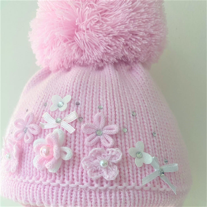 Pink Knitted Pom Pom Hat with Diamante - Chic Petit