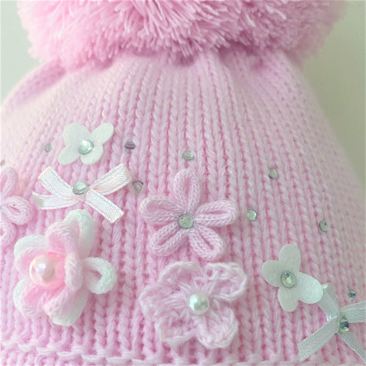Pink Knitted Pom Pom Hat with Diamante - Chic Petit