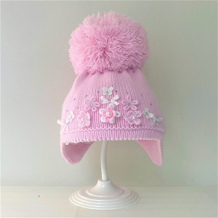 Pink Knitted Pom Pom Hat with Diamante - Chic Petit