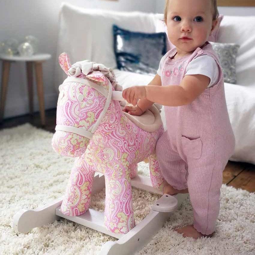 Pixie rocking horse with paisley print fabric and soft faux suede mane and tail