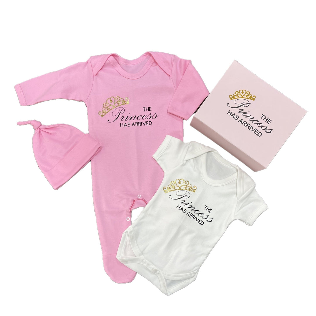 'The Princess Has Arrived' Romper, Vest, Hat Set in a Gift Box - Chic Petit