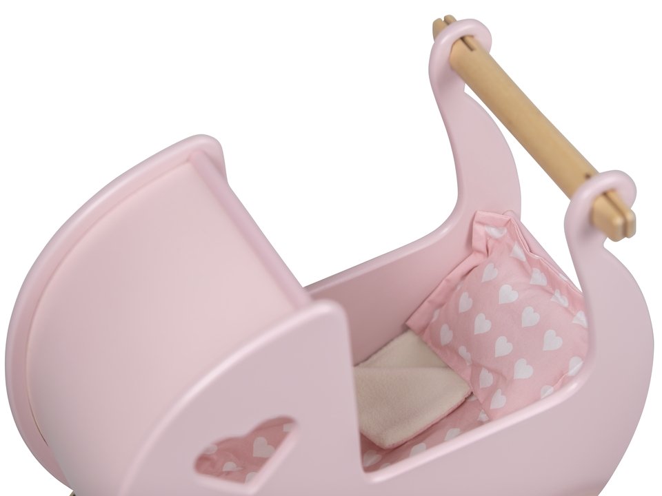 Wooden Dolls Pram Bedding - Pink with White Hearts - Chic Petit
