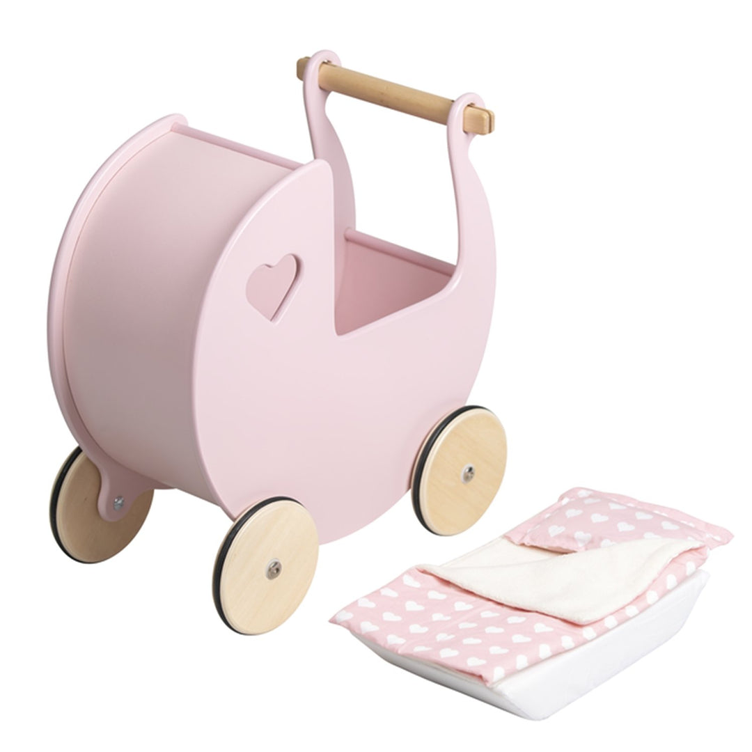 Wooden Dolls Pram Bedding - Pink with White Hearts - Chic Petit